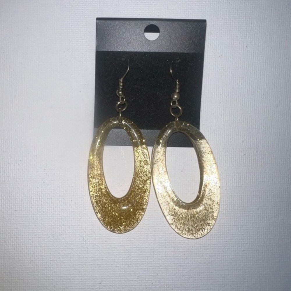 Sparkle Oval Hoop Earrings Glitter Gold Tone Dangle Drop Statement Party